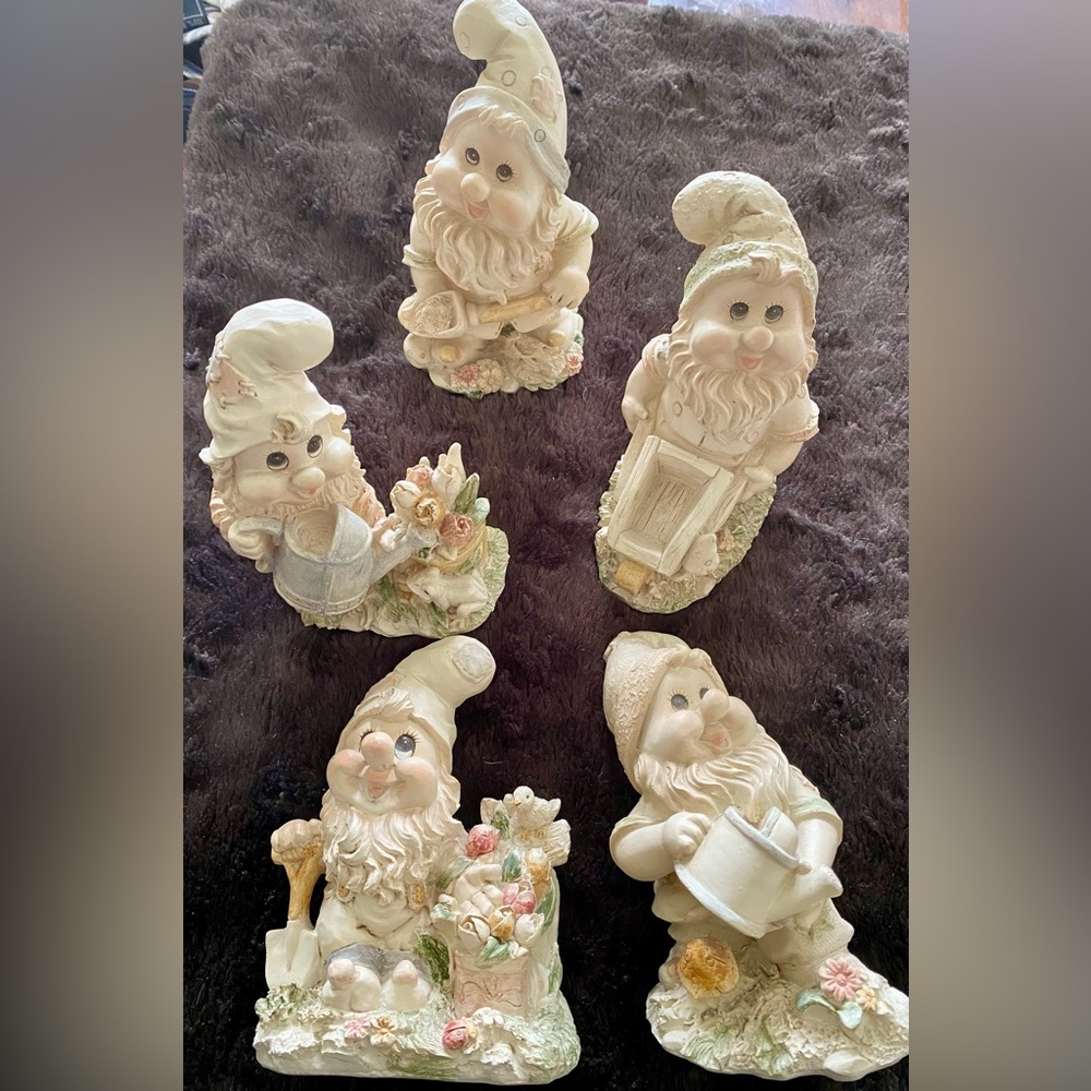 Set of 5 Cream Garden Gnome Figurines 5 inches tall.